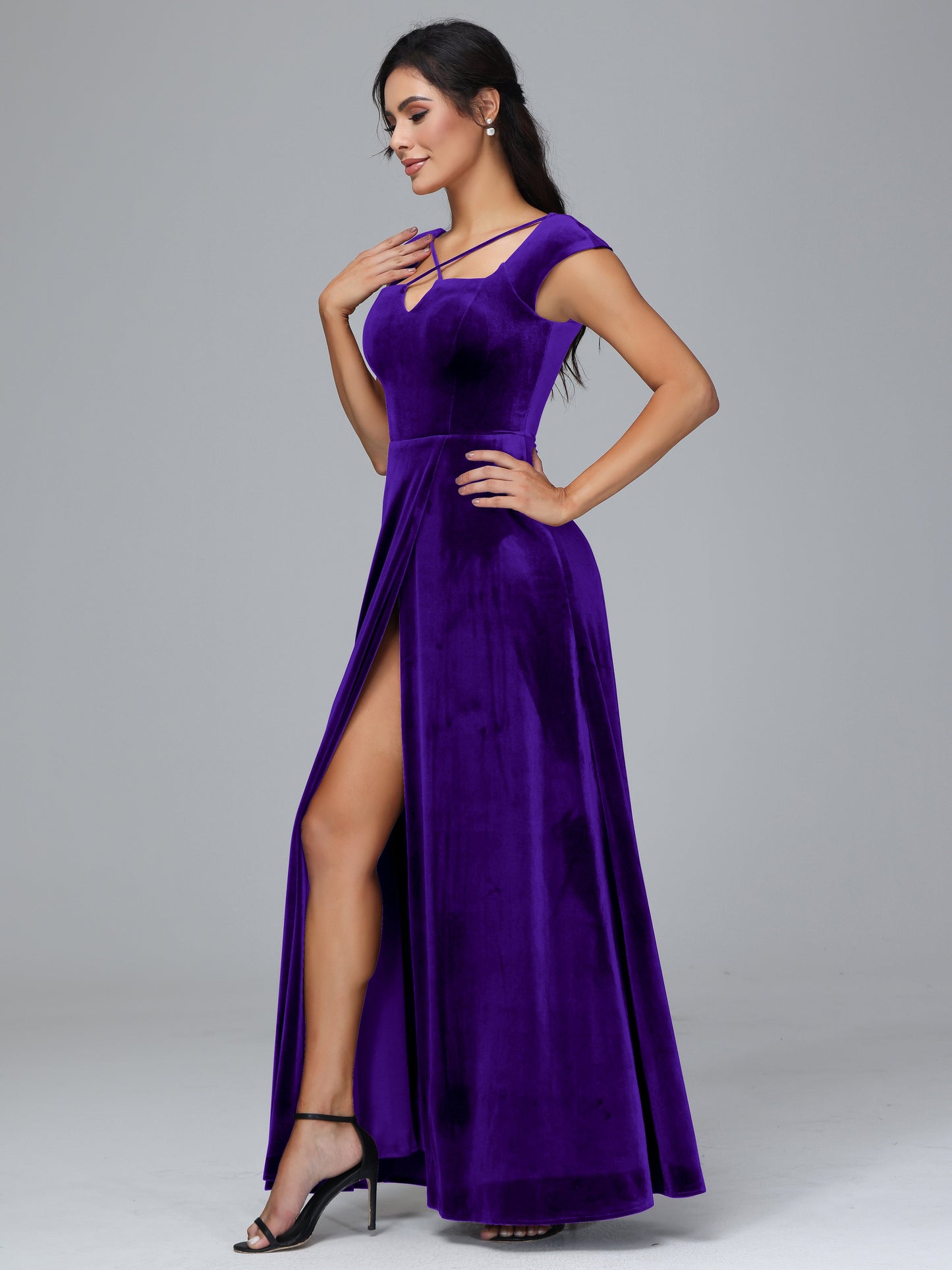 Cap Sleeves Velvet Bridesmaid Dress With Slit