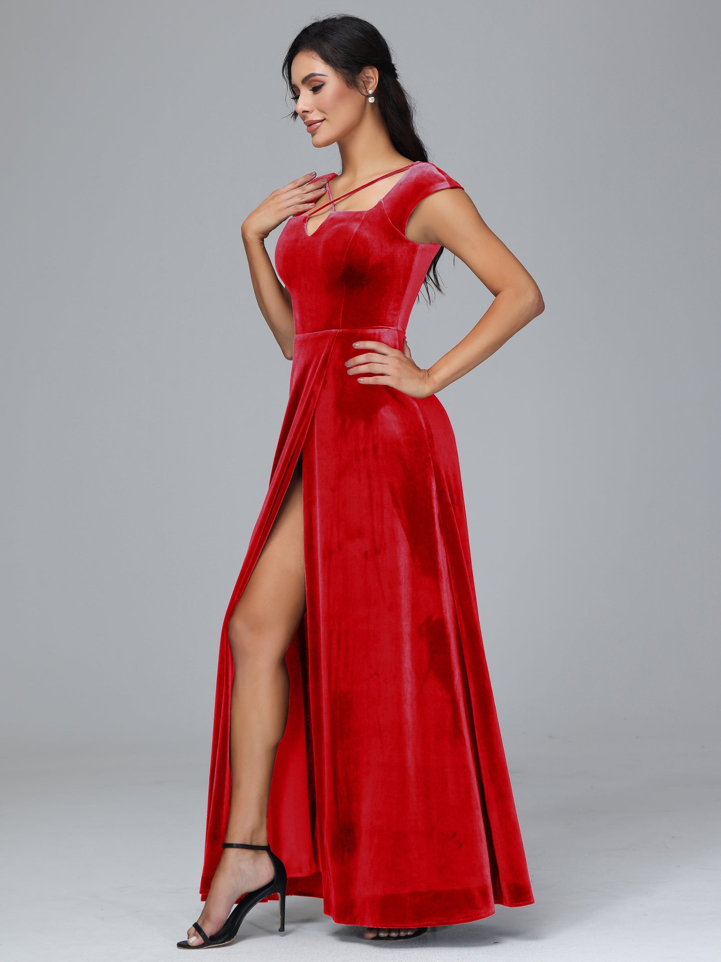 Cap Sleeves Velvet Bridesmaid Dress With Slit