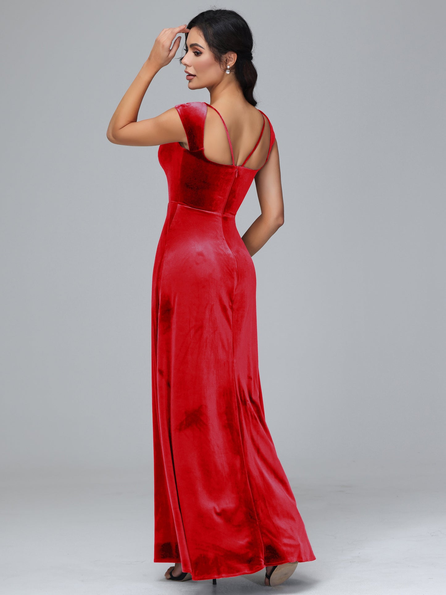 Cap Sleeves Velvet Bridesmaid Dress With Slit