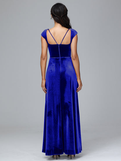 Cap Sleeves Velvet Bridesmaid Dress With Slit