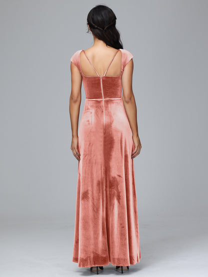 Cap Sleeves Velvet Bridesmaid Dress With Slit