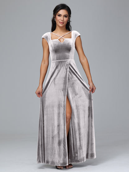 Cap Sleeves Velvet Bridesmaid Dress With Slit