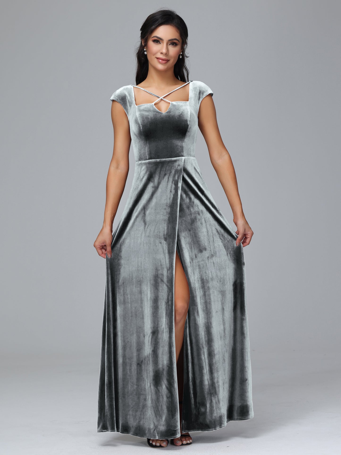 Cap Sleeves Velvet Bridesmaid Dress With Slit