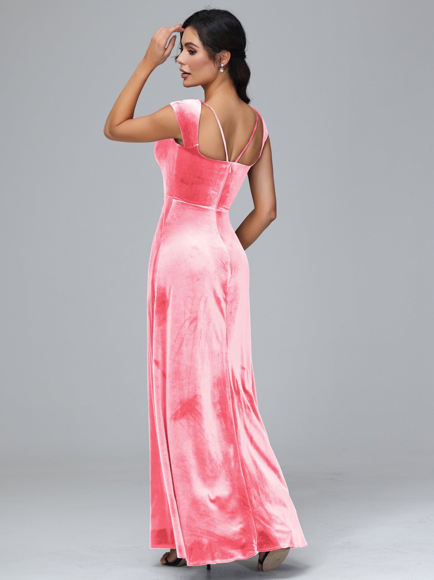 Cap Sleeves Velvet Bridesmaid Dress With Slit