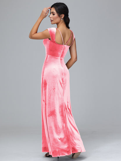 Cap Sleeves Velvet Bridesmaid Dress With Slit