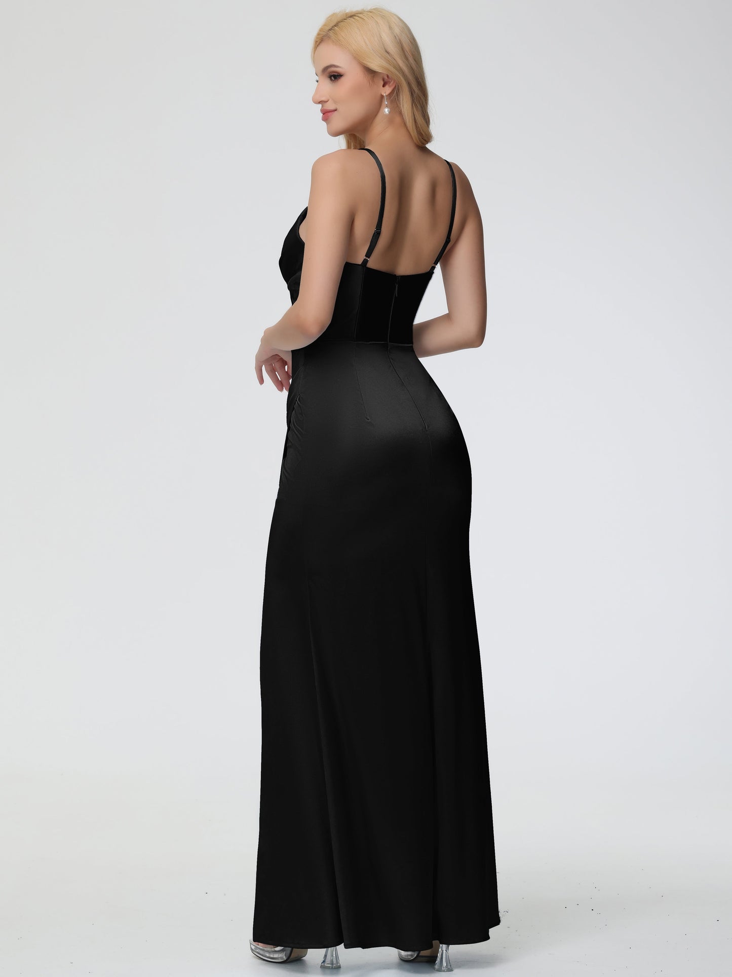 Black Bridesmaids Dresses Charming Spaghetti Straps Pleated Stretch Satin Bridesmaid Dress With Slit