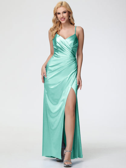 Bridesmaid Mint Green Dress Charming Spaghetti Straps Pleated Stretch Satin Bridesmaid Dress With Slit