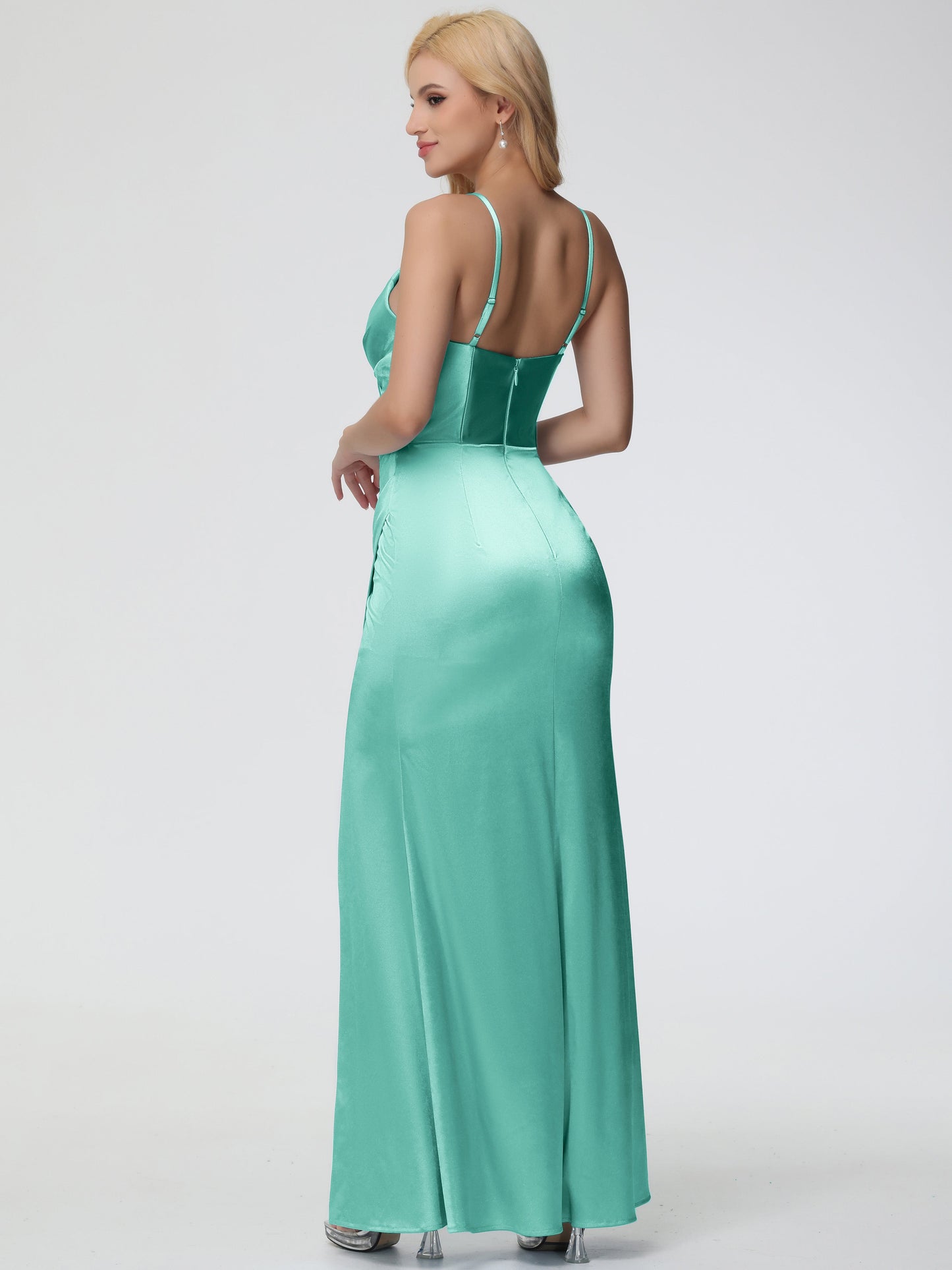 Bridesmaid Mint Green Dress Charming Spaghetti Straps Pleated Stretch Satin Bridesmaid Dress With Slit