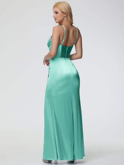 Bridesmaid Mint Green Dress Charming Spaghetti Straps Pleated Stretch Satin Bridesmaid Dress With Slit