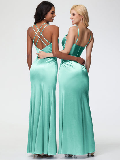 Bridesmaid Mint Green Dress Charming Spaghetti Straps Pleated Stretch Satin Bridesmaid Dress With Slit