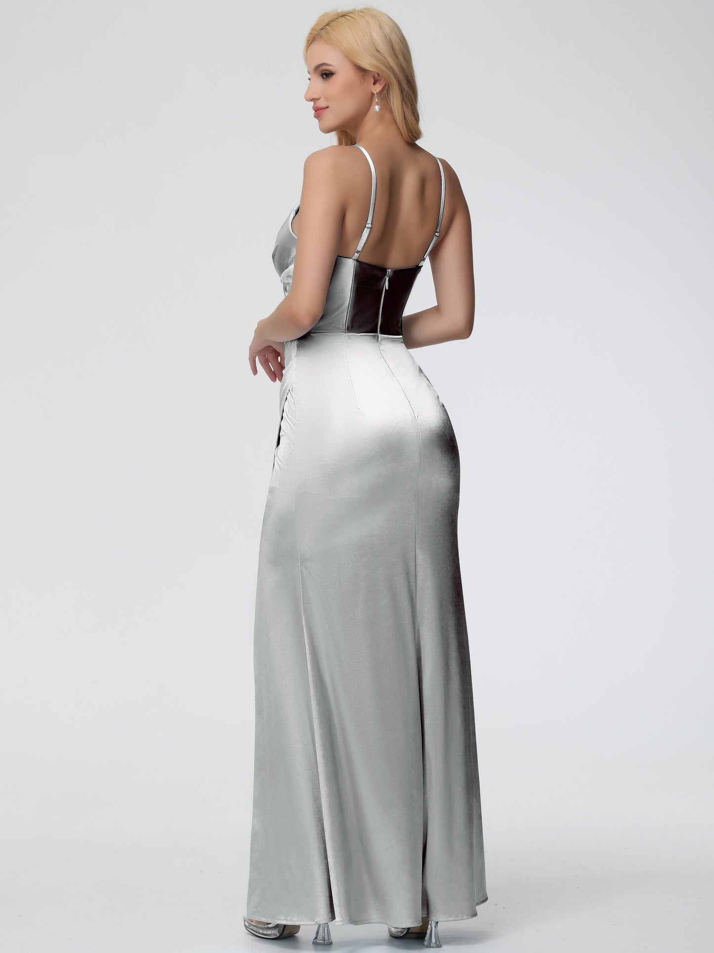 Bridesmaids Dresses Silver Charming Spaghetti Straps Pleated Stretch Satin Bridesmaid Dress With Slit