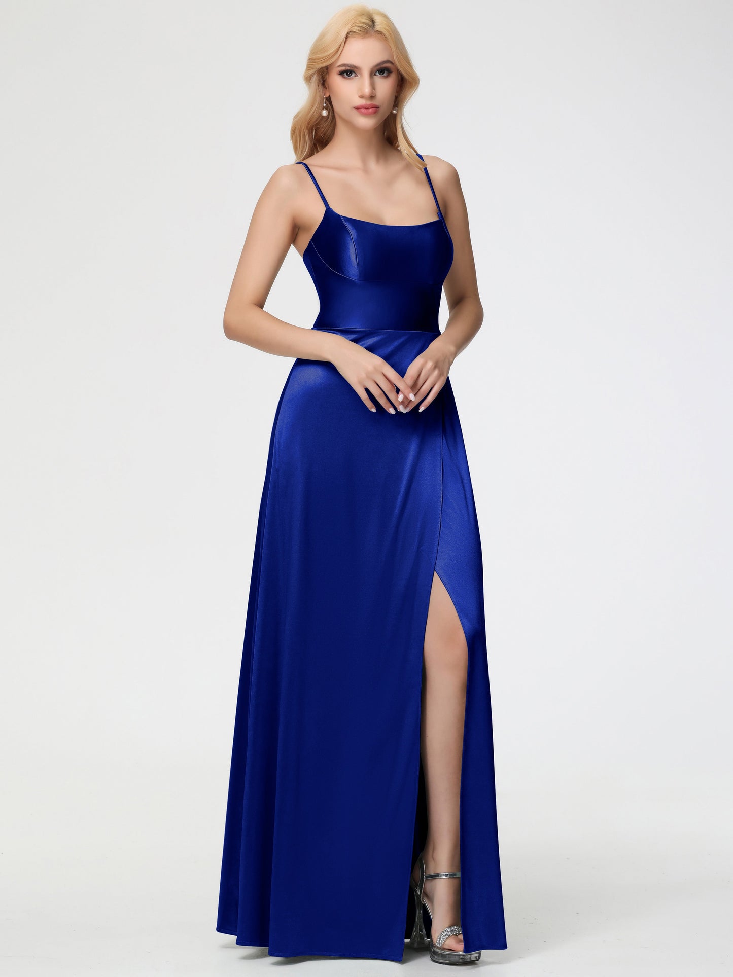 Royal Blue Bridesmaid Dress Chic Spaghetti Straps Stretch Satin Floor Length Bridesmaid Dress With Split