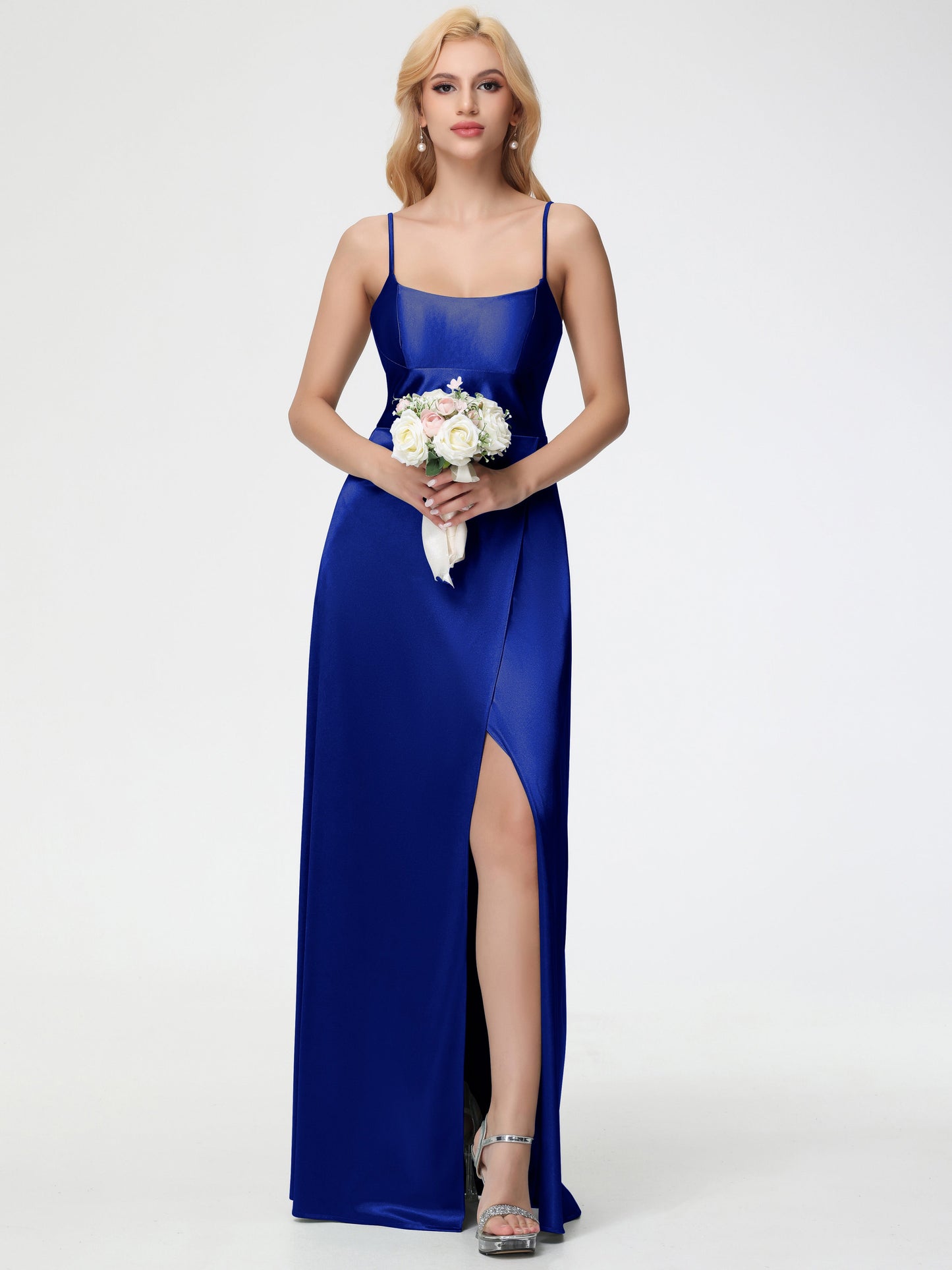 Royal Blue Bridesmaid Dress Chic Spaghetti Straps Stretch Satin Floor Length Bridesmaid Dress With Split