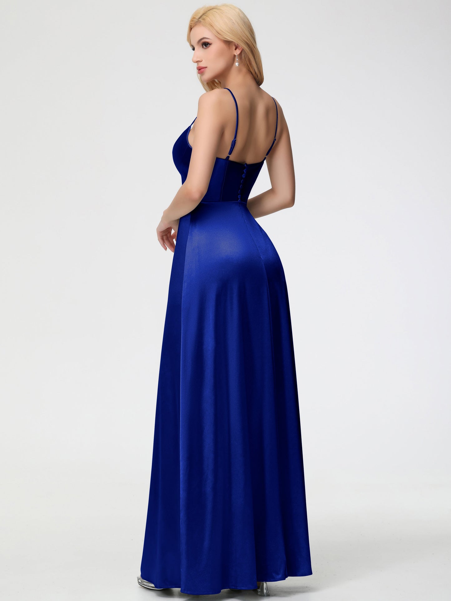Royal Blue Bridesmaid Dress Chic Spaghetti Straps Stretch Satin Floor Length Bridesmaid Dress With Split