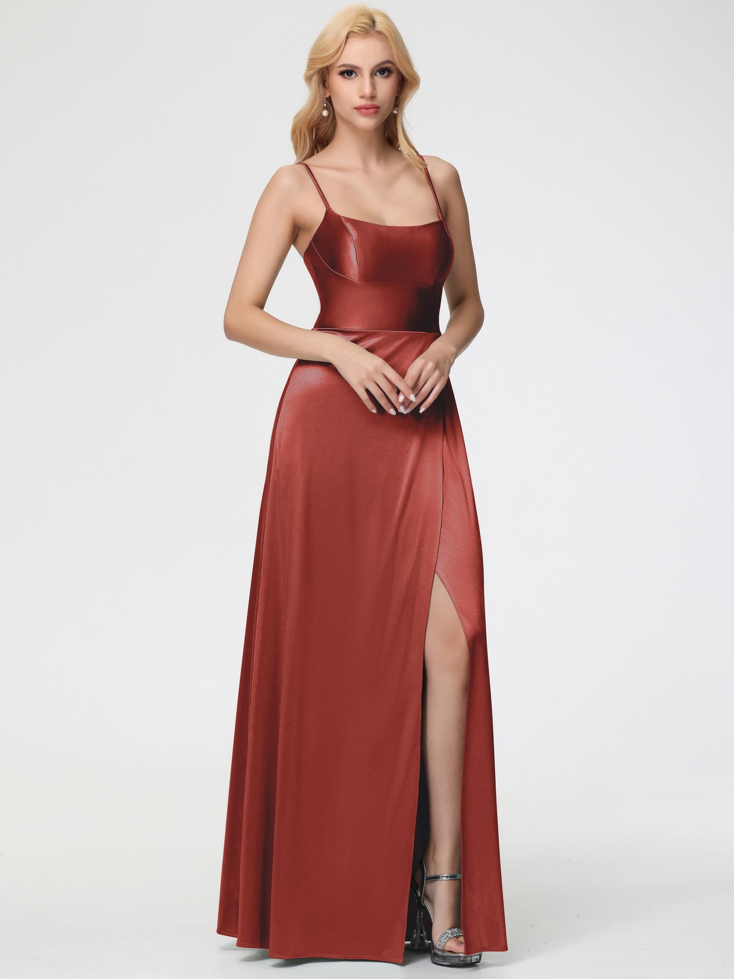 Rust Bridesmaid Dresses Chic Spaghetti Straps Stretch Satin Floor Length Bridesmaid Dress With Split
