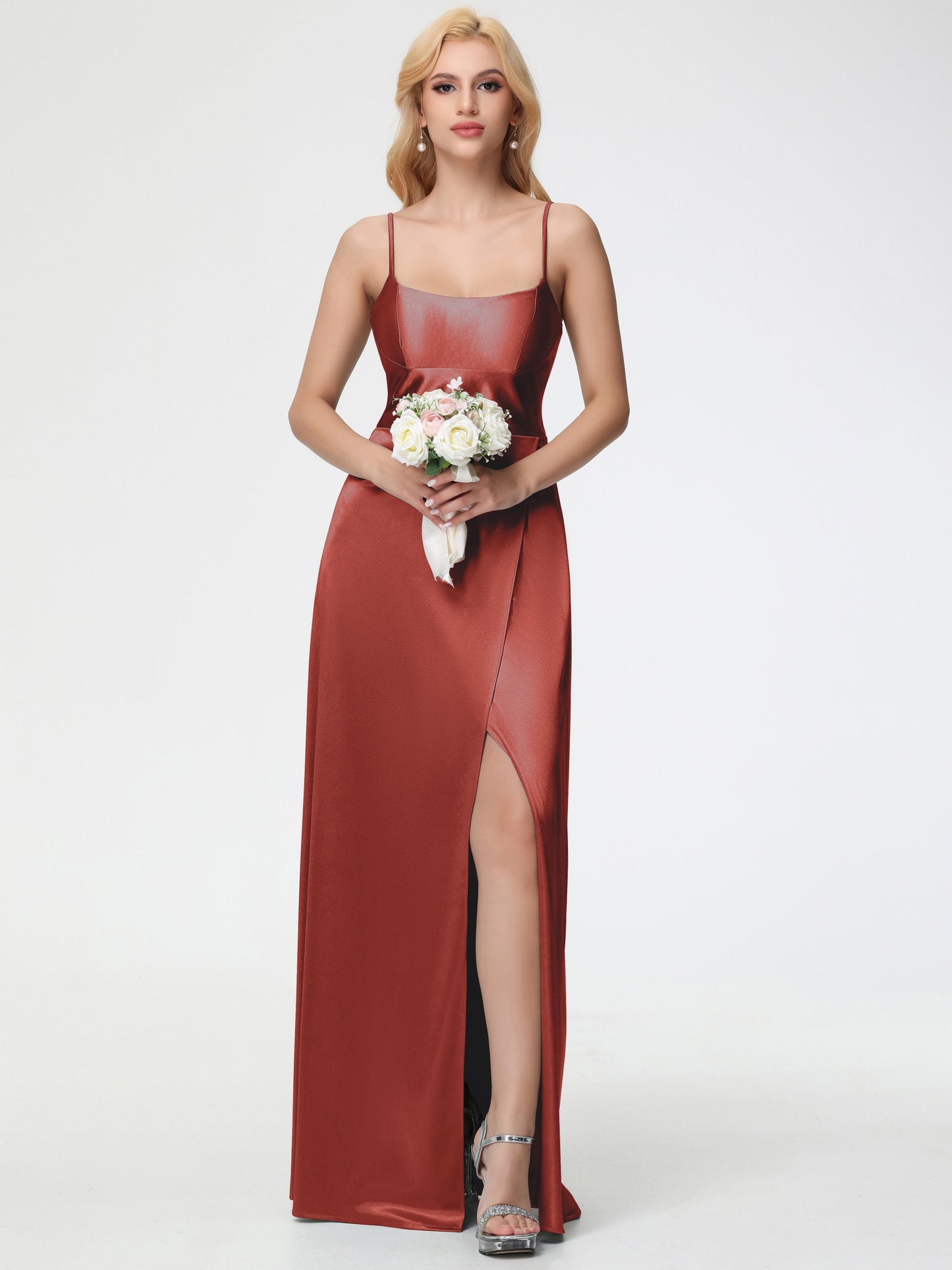 Rust Bridesmaid Dresses Chic Spaghetti Straps Stretch Satin Floor Length Bridesmaid Dress With Split
