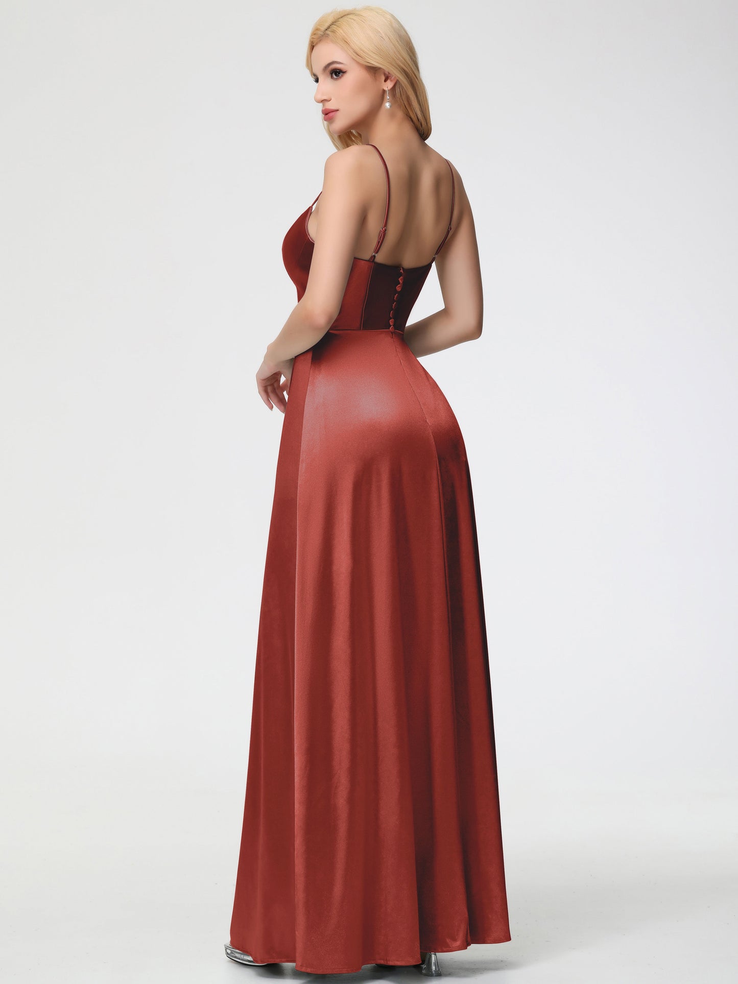Rust Bridesmaid Dresses Chic Spaghetti Straps Stretch Satin Floor Length Bridesmaid Dress With Split