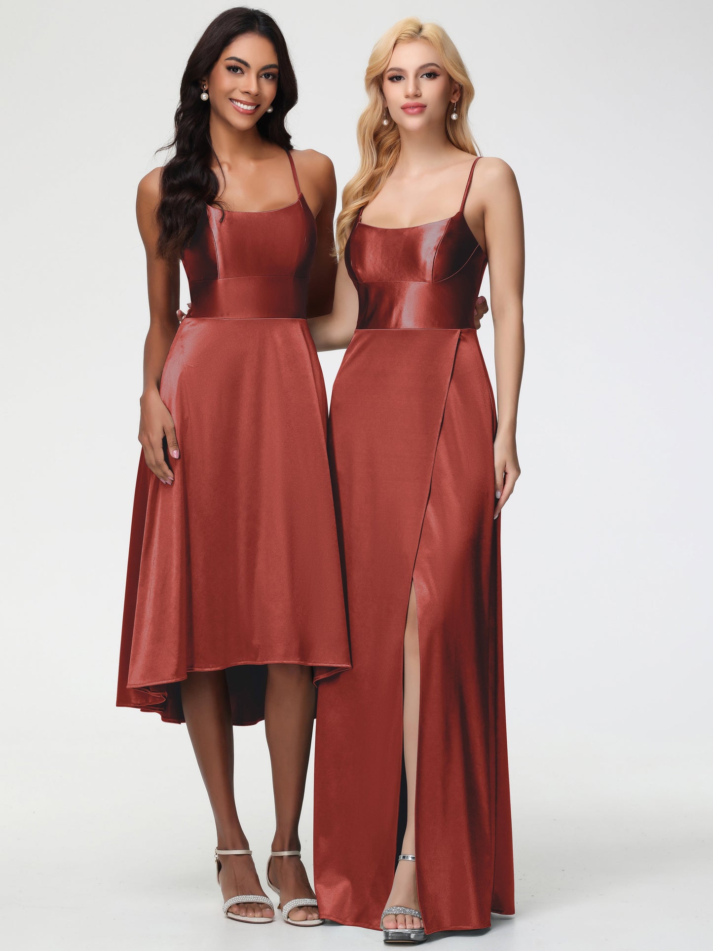 Rust Bridesmaid Dresses Chic Spaghetti Straps Stretch Satin Floor Length Bridesmaid Dress With Split