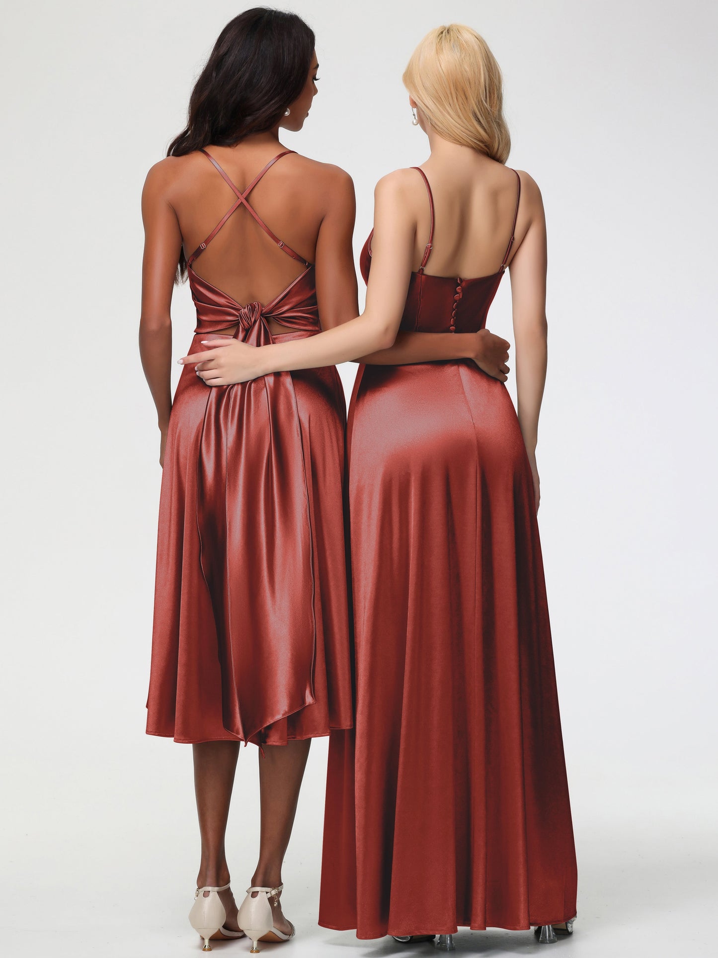 Rust Bridesmaid Dresses Chic Spaghetti Straps Stretch Satin Floor Length Bridesmaid Dress With Split