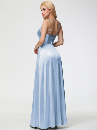 Sky Blue Bridesmaid Dress Chic Spaghetti Straps Stretch Satin Floor Length Bridesmaid Dress With Split