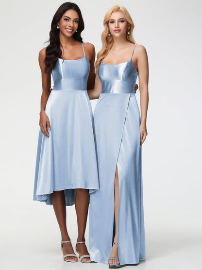 Sky Blue Bridesmaid Dress Chic Spaghetti Straps Stretch Satin Floor Length Bridesmaid Dress With Split