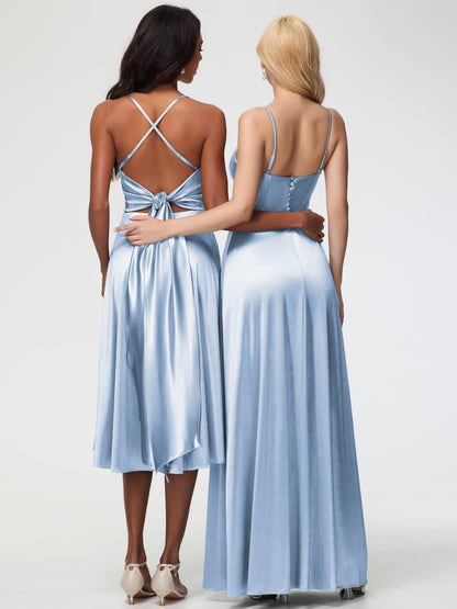 Sky Blue Bridesmaid Dress Chic Spaghetti Straps Stretch Satin Floor Length Bridesmaid Dress With Split
