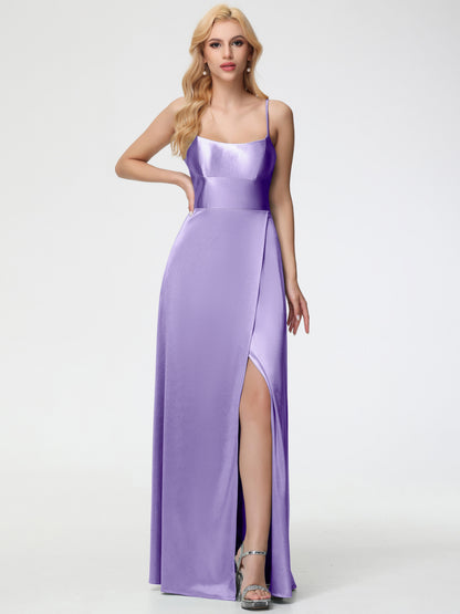 Tahiti Color Bridesmaid Dress Chic Spaghetti Straps Stretch Satin Floor Length Bridesmaid Dress With Split