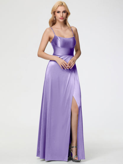 Tahiti Color Bridesmaid Dress Chic Spaghetti Straps Stretch Satin Floor Length Bridesmaid Dress With Split