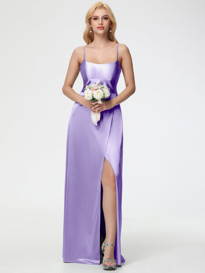 Tahiti Color Bridesmaid Dress Chic Spaghetti Straps Stretch Satin Floor Length Bridesmaid Dress With Split