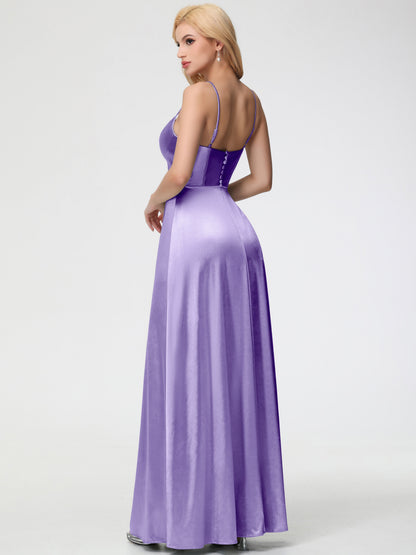 Tahiti Color Bridesmaid Dress Chic Spaghetti Straps Stretch Satin Floor Length Bridesmaid Dress With Split