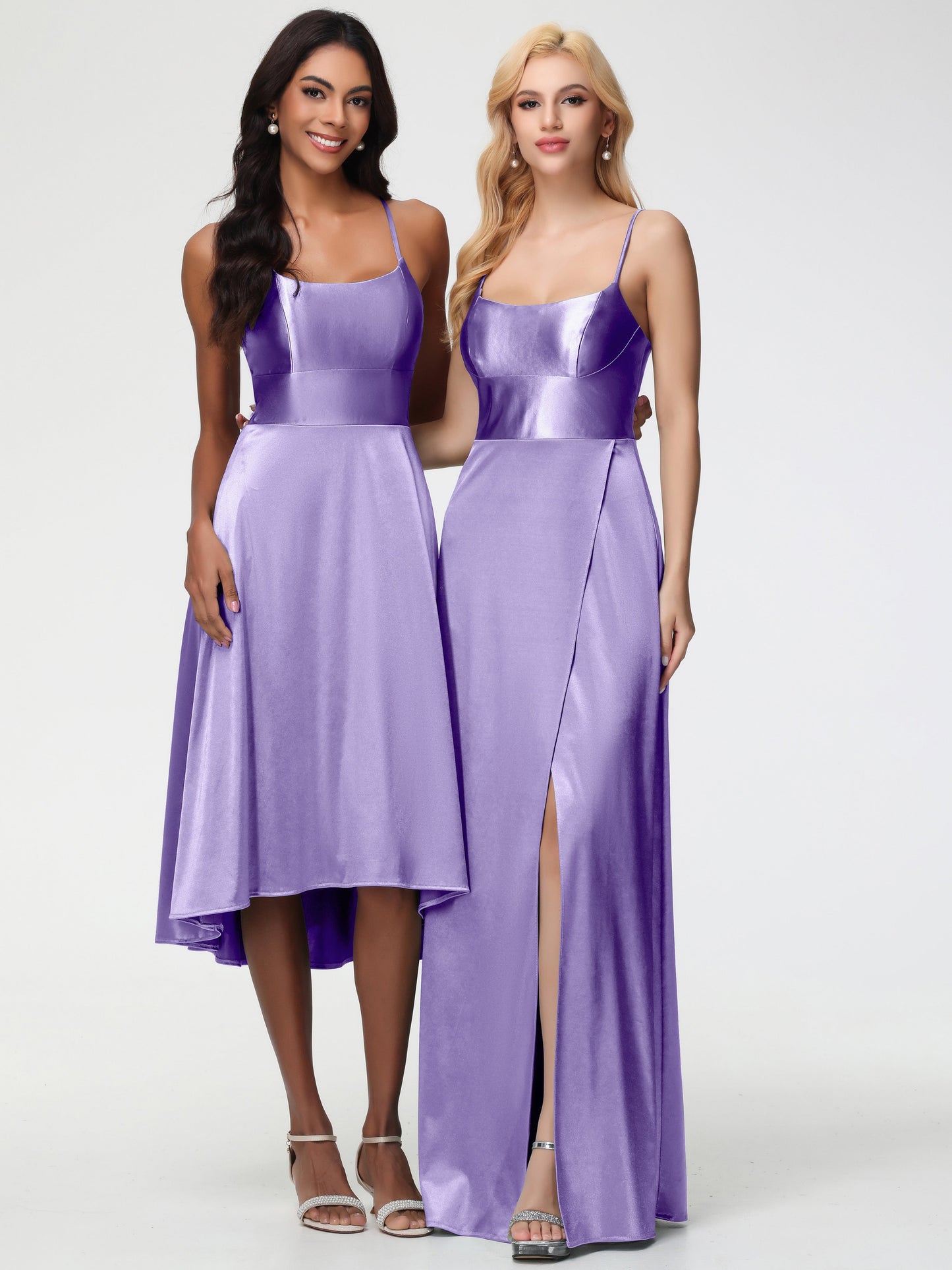 Tahiti Color Bridesmaid Dress Chic Spaghetti Straps Stretch Satin Floor Length Bridesmaid Dress With Split