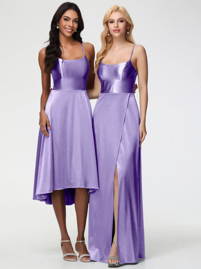 Tahiti Color Bridesmaid Dress Chic Spaghetti Straps Stretch Satin Floor Length Bridesmaid Dress With Split