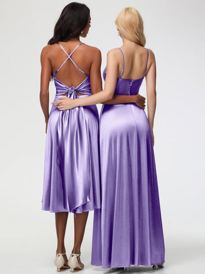 Tahiti Color Bridesmaid Dress Chic Spaghetti Straps Stretch Satin Floor Length Bridesmaid Dress With Split