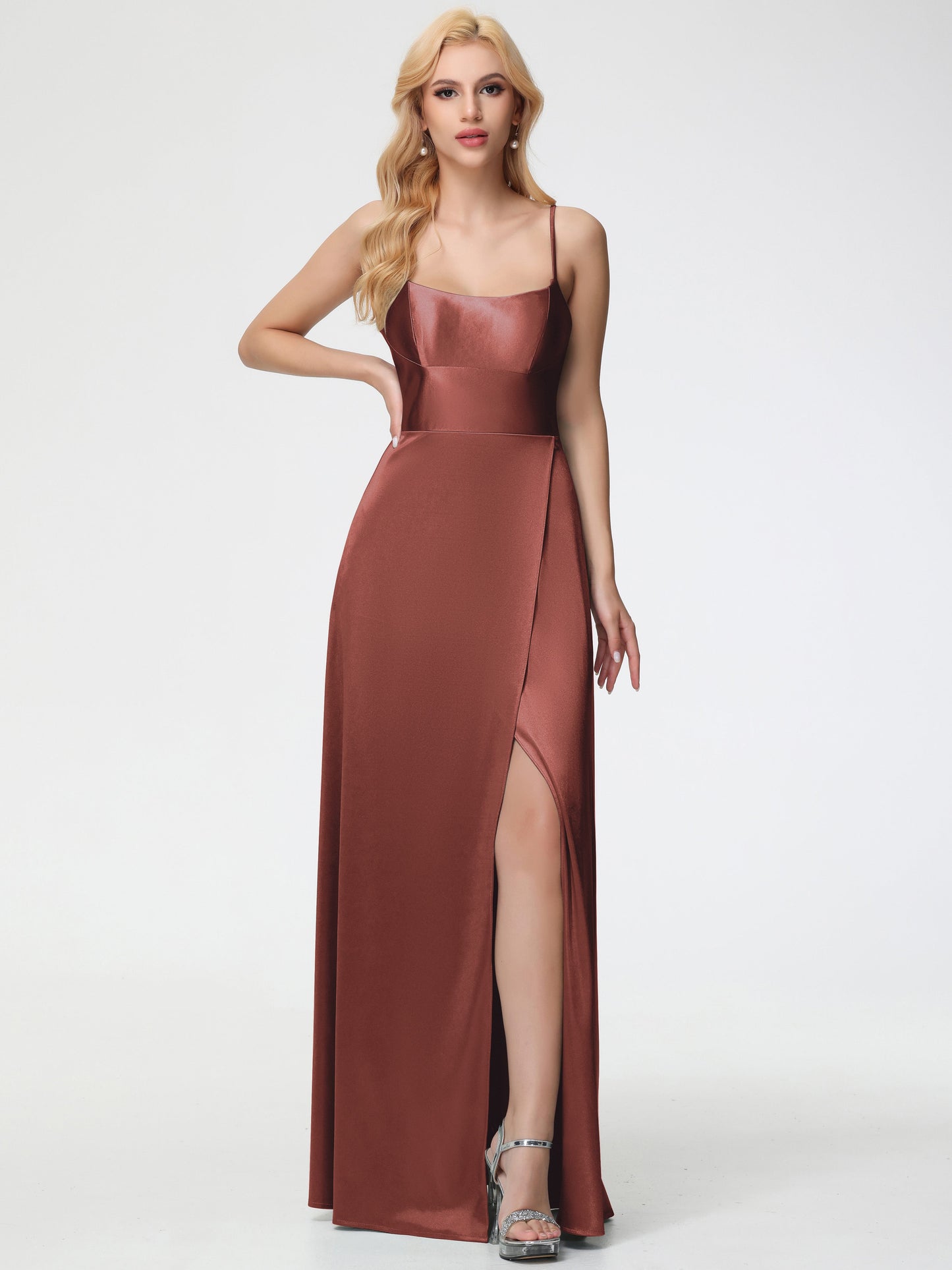 Terracotta Bridesmaid Dresses Chic Spaghetti Straps Stretch Satin Floor Length Bridesmaid Dress With Split