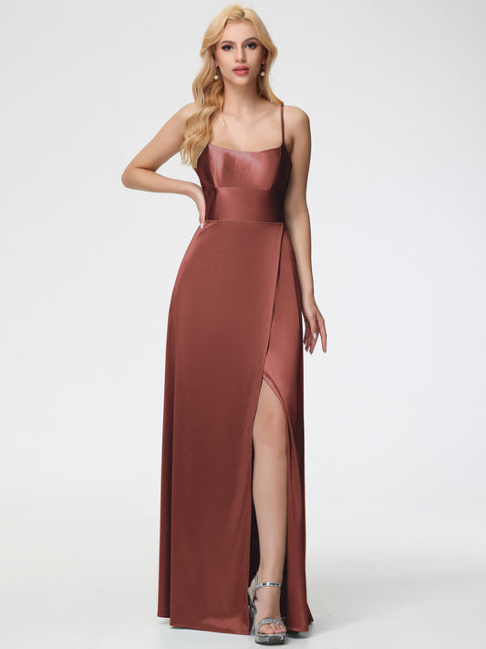 Terracotta Bridesmaid Dresses Chic Spaghetti Straps Stretch Satin Floor Length Bridesmaid Dress With Split