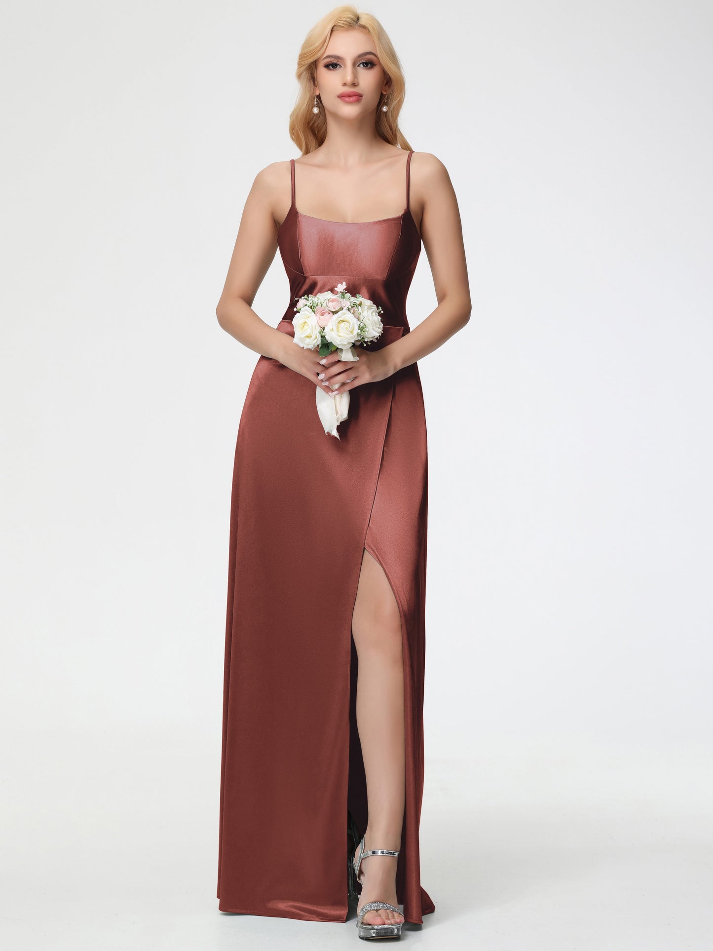 Terracotta Bridesmaid Dresses Chic Spaghetti Straps Stretch Satin Floor Length Bridesmaid Dress With Split