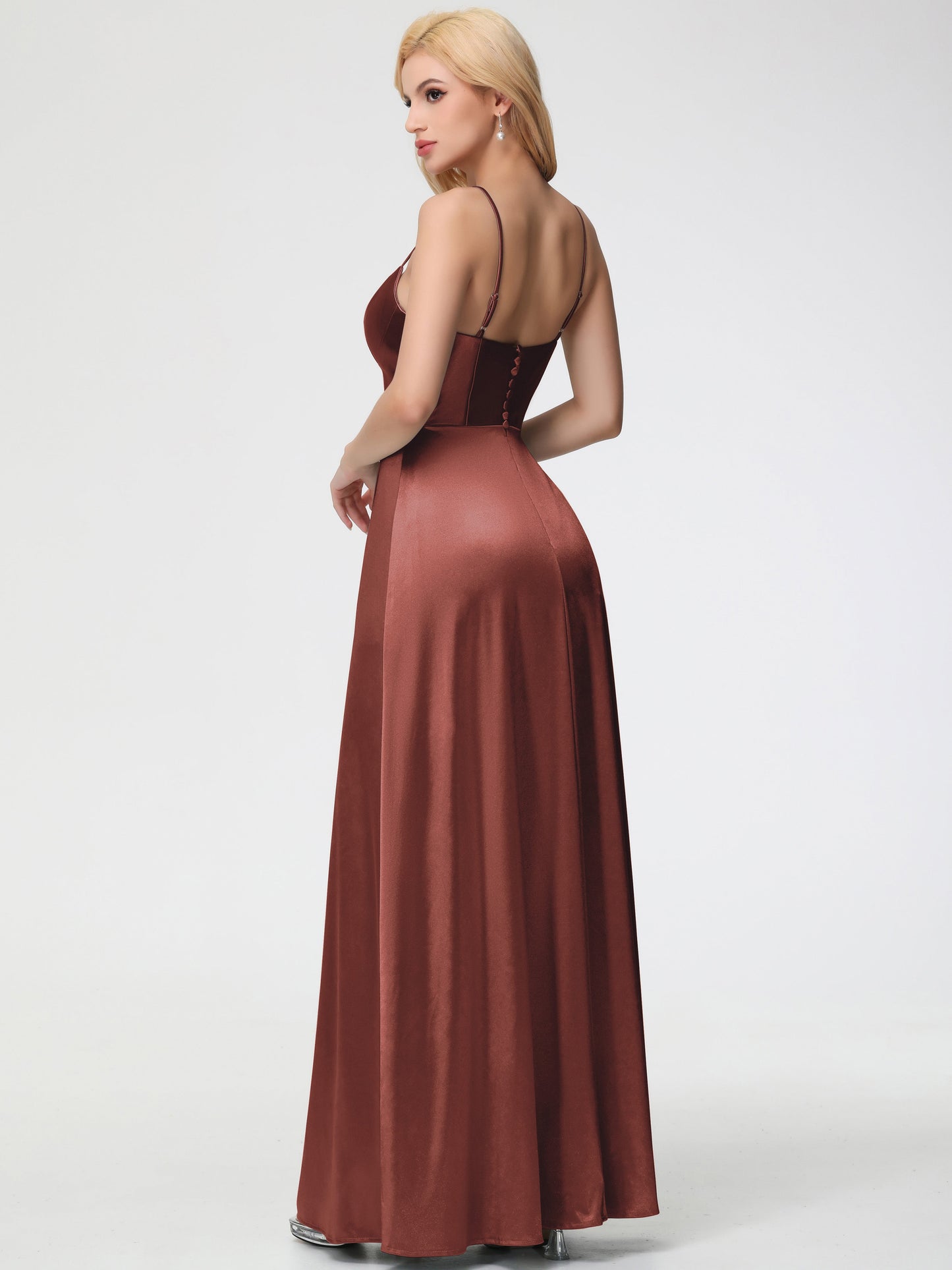 Terracotta Bridesmaid Dresses Chic Spaghetti Straps Stretch Satin Floor Length Bridesmaid Dress With Split