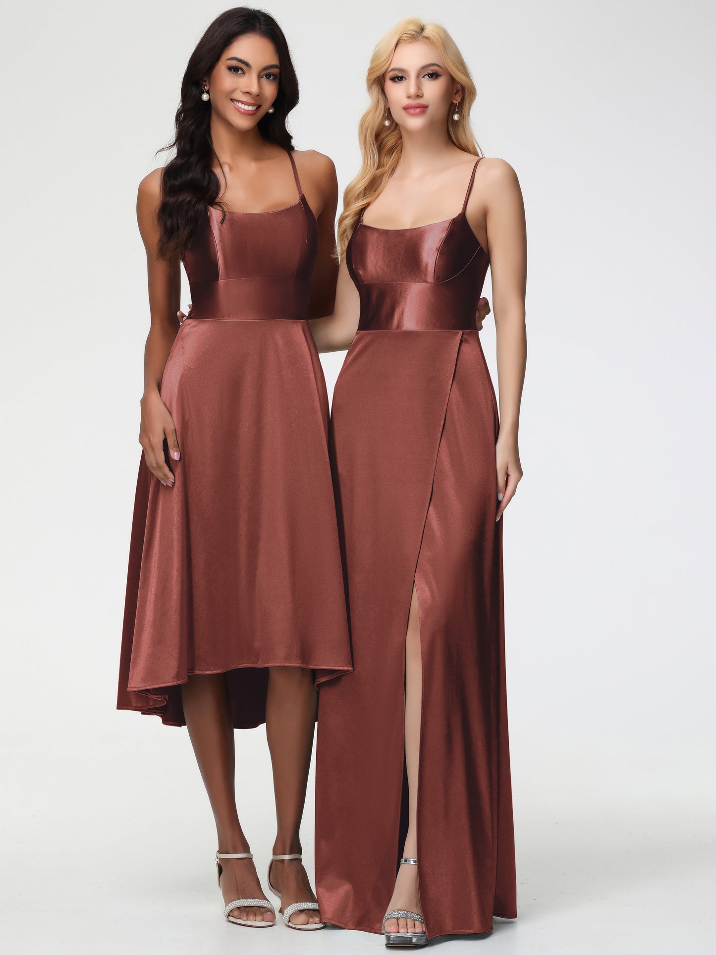 Terracotta Bridesmaid Dresses Chic Spaghetti Straps Stretch Satin Floor Length Bridesmaid Dress With Split