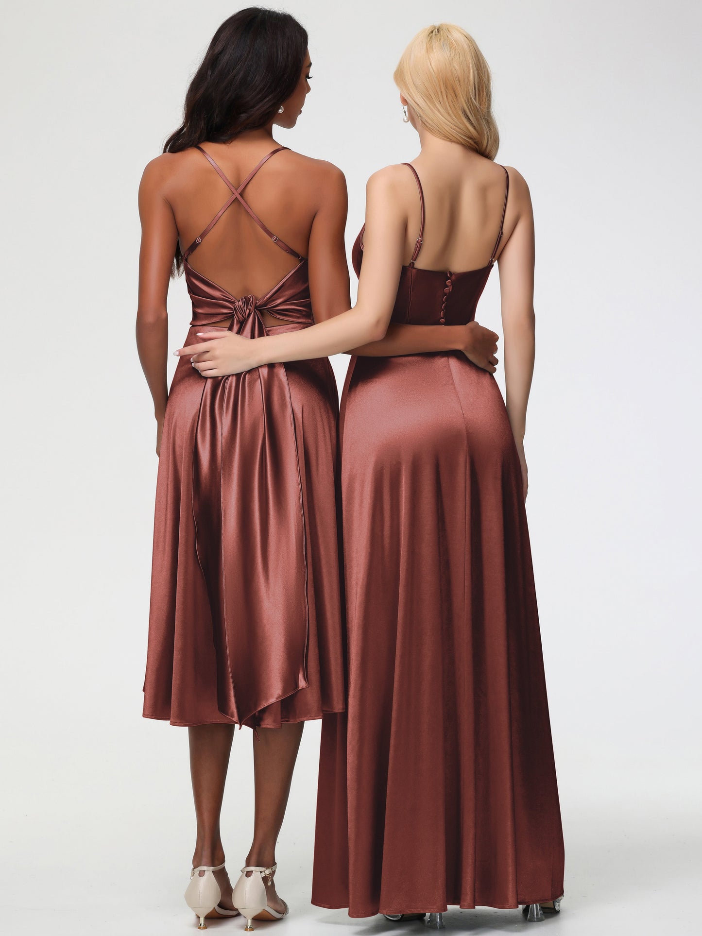 Terracotta Bridesmaid Dresses Chic Spaghetti Straps Stretch Satin Floor Length Bridesmaid Dress With Split