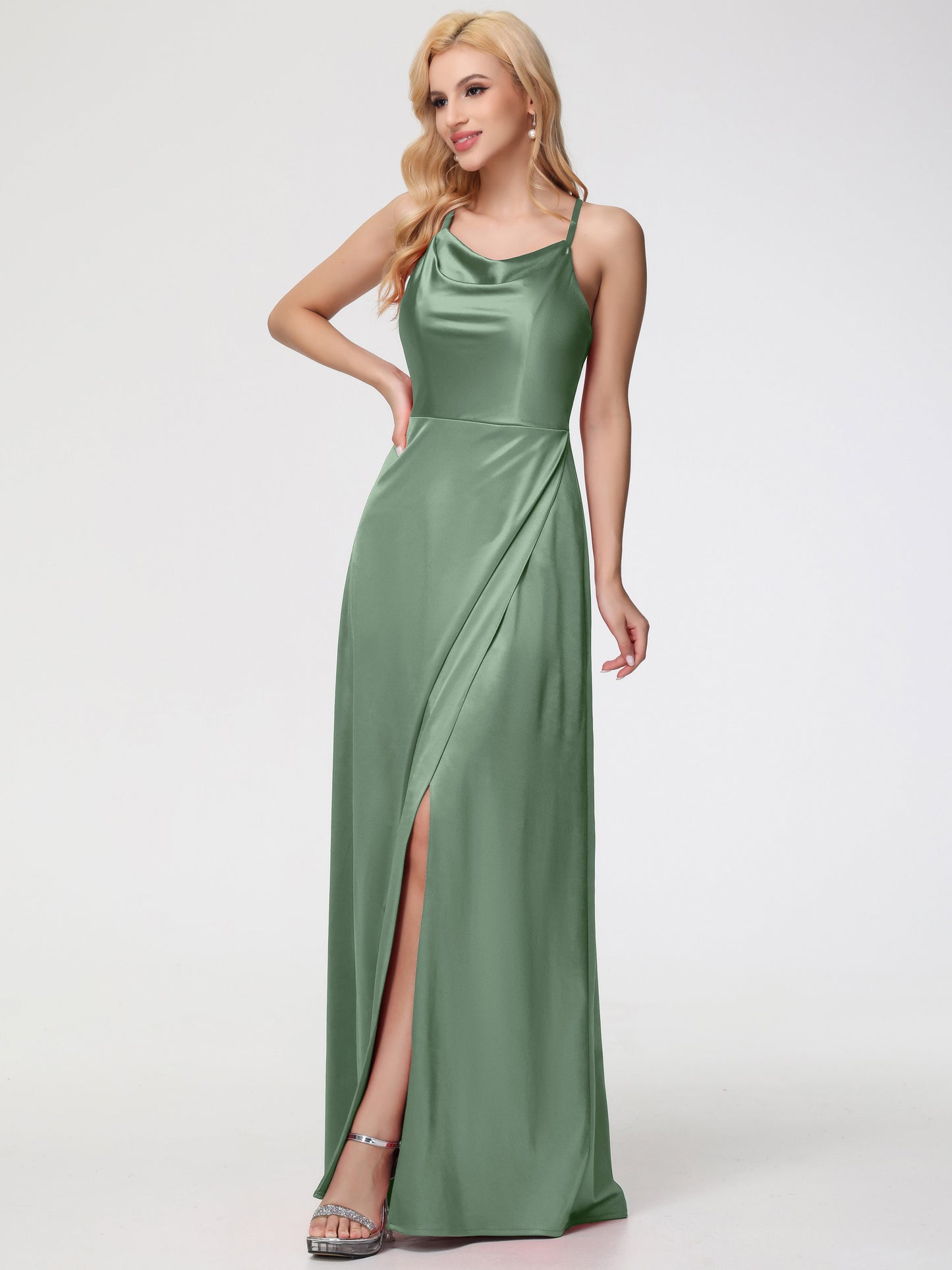 Stretch Satin Dusty Sage Bridesmaid Dresses Cowl Neck Straps Cross Zip Back Floor Length Stretch Satin Bridesmaid Dress
