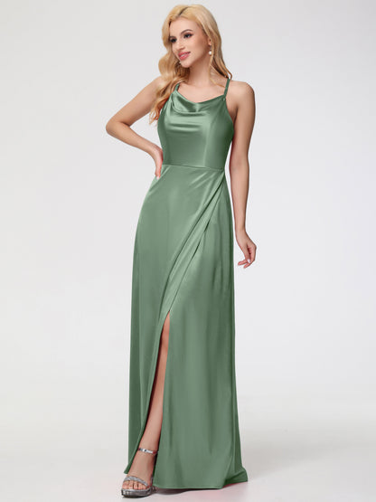 Stretch Satin Dusty Sage Bridesmaid Dresses Cowl Neck Straps Cross Zip Back Floor Length Stretch Satin Bridesmaid Dress