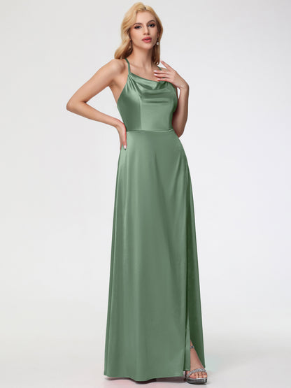 Stretch Satin Dusty Sage Bridesmaid Dresses Cowl Neck Straps Cross Zip Back Floor Length Stretch Satin Bridesmaid Dress