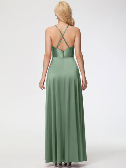 Stretch Satin Dusty Sage Bridesmaid Dresses Cowl Neck Straps Cross Zip Back Floor Length Stretch Satin Bridesmaid Dress