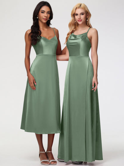 Stretch Satin Dusty Sage Bridesmaid Dresses Cowl Neck Straps Cross Zip Back Floor Length Stretch Satin Bridesmaid Dress