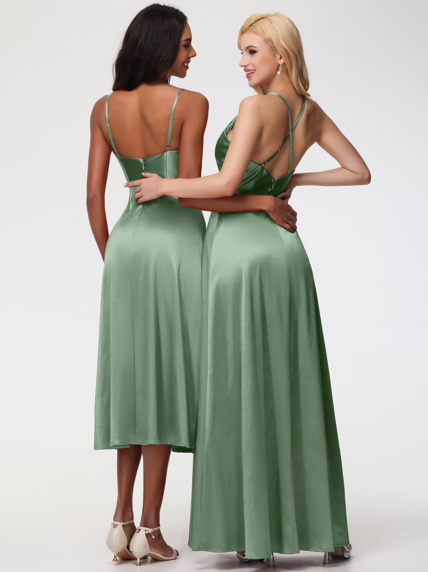 Stretch Satin Dusty Sage Bridesmaid Dresses Cowl Neck Straps Cross Zip Back Floor Length Stretch Satin Bridesmaid Dress