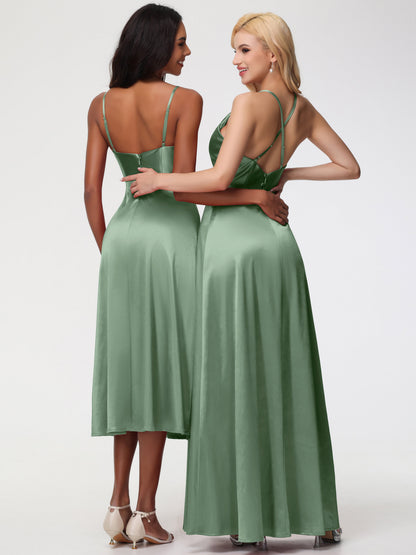Stretch Satin Dusty Sage Bridesmaid Dresses Cowl Neck Straps Cross Zip Back Floor Length Stretch Satin Bridesmaid Dress