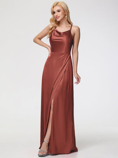 Rust Bridesmaid Dress Cowl Neck Straps Cross Zip Back Floor Length Stretch Satin Bridesmaid Dress