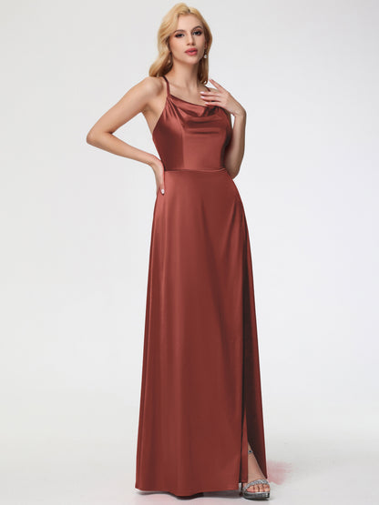 Rust Bridesmaid Dress Cowl Neck Straps Cross Zip Back Floor Length Stretch Satin Bridesmaid Dress