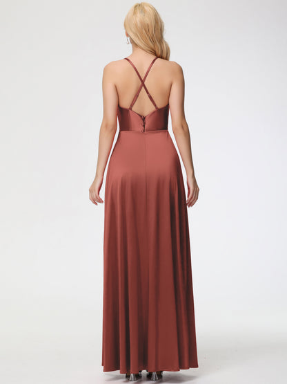 Rust Bridesmaid Dress Cowl Neck Straps Cross Zip Back Floor Length Stretch Satin Bridesmaid Dress