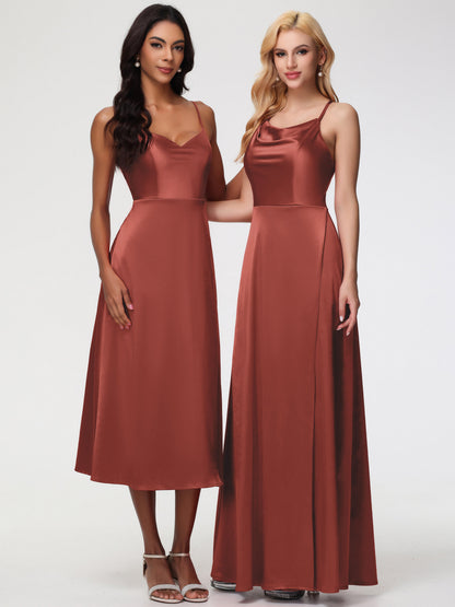 Rust Bridesmaid Dress Cowl Neck Straps Cross Zip Back Floor Length Stretch Satin Bridesmaid Dress